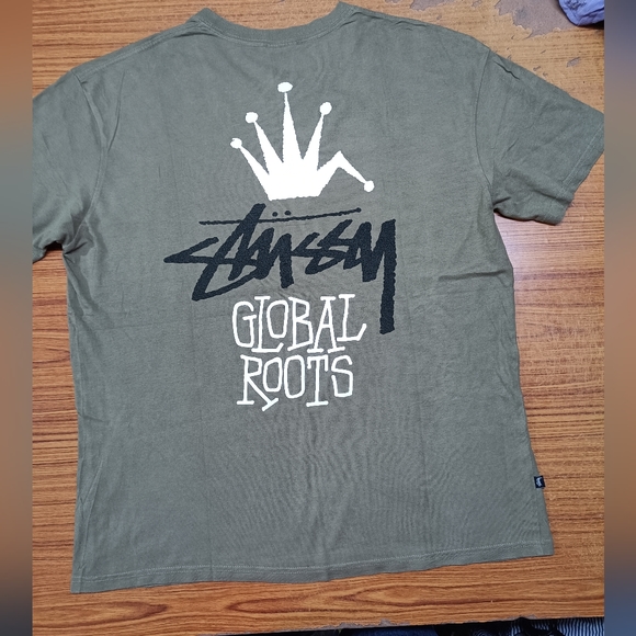 Stussy  Global Roots 50/50 Short Sleeve Tee Dusty Khaki - Picture 6 of 13